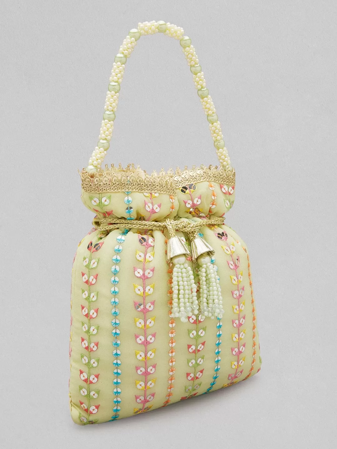 Rubans Pista Coloured Potli Bag With Multicoloured Embroidery Design