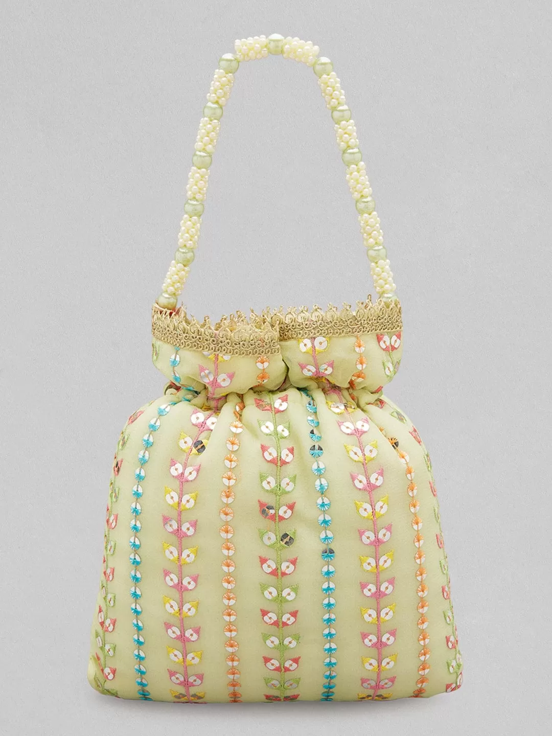 Rubans Pista Coloured Potli Bag With Multicoloured Embroidery Design