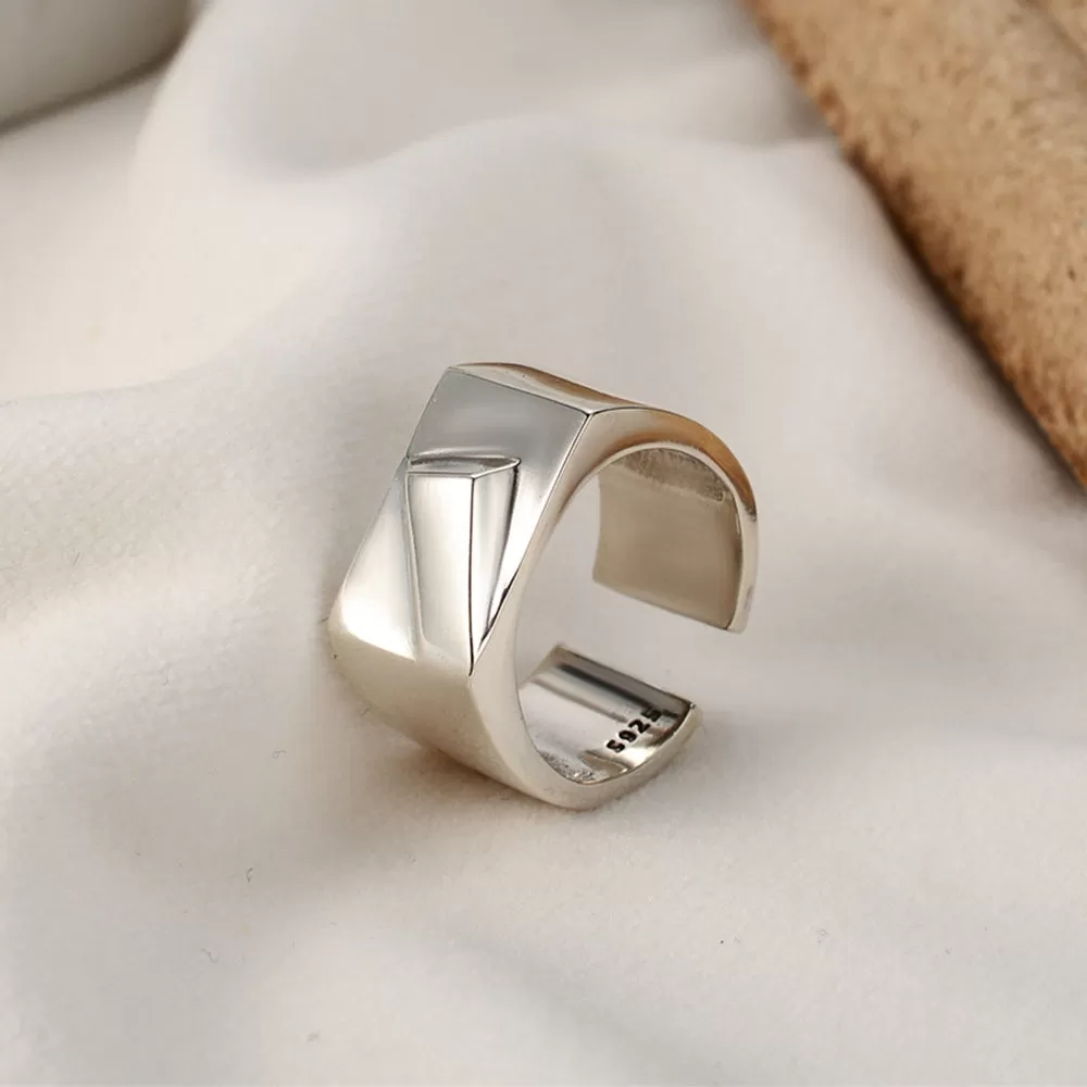 Silver Geometric Vintage Old Glossy Band Ring