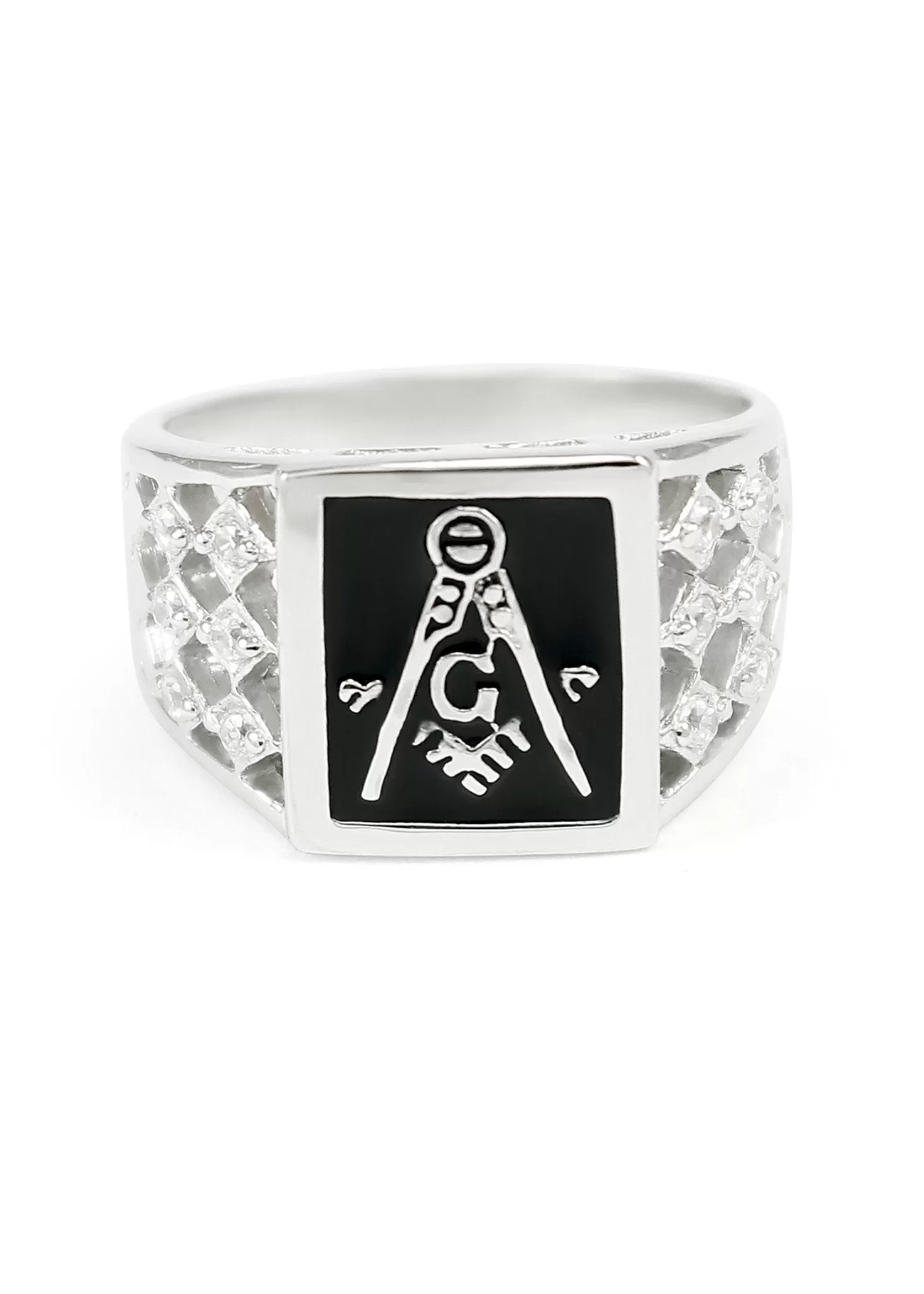 Square Faced Masonic Ring with Black Enamel and Checkered CZs