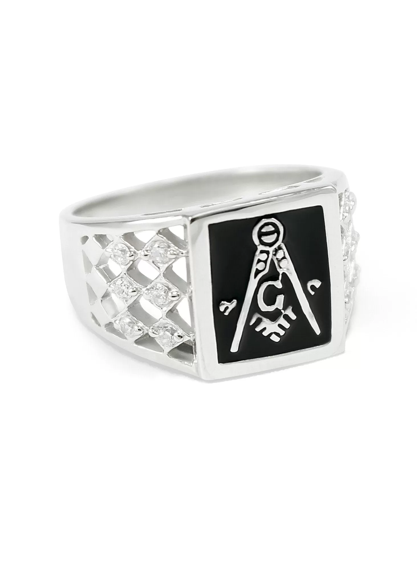 Square Faced Masonic Ring with Black Enamel and Checkered CZs