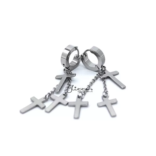 Stainless Steel 3 Cross and Chain Dangle Hinged Hoop Earrings - Silver