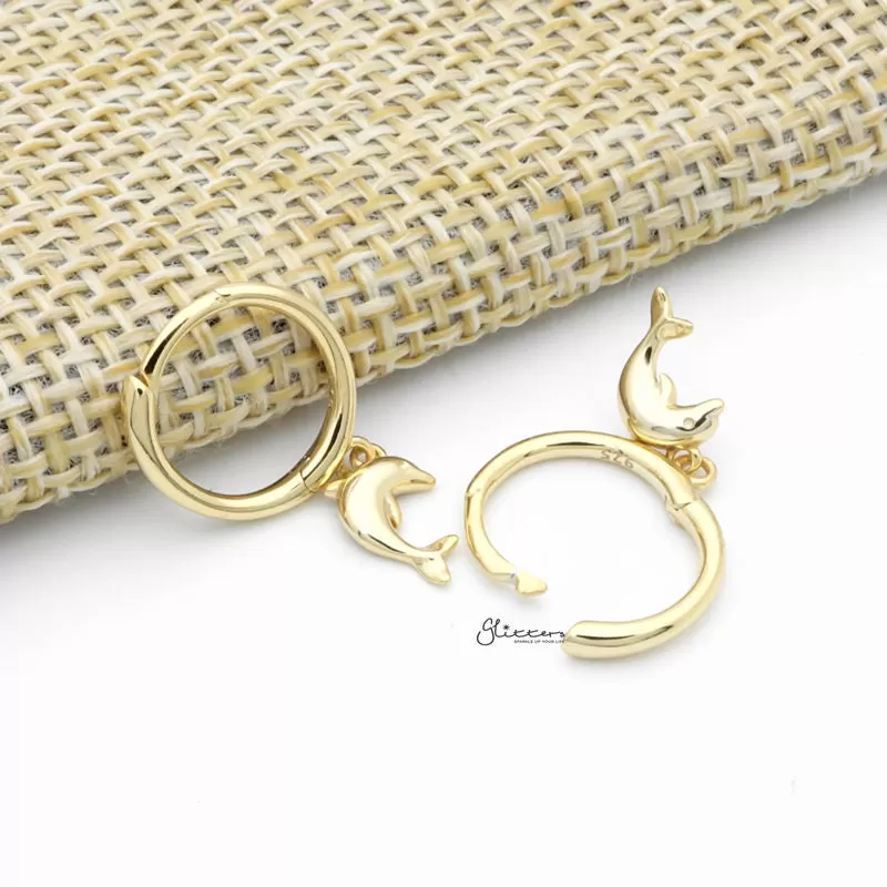 Sterling Silver Huggie Hoop Earrings with Dangle Dolphin - Gold