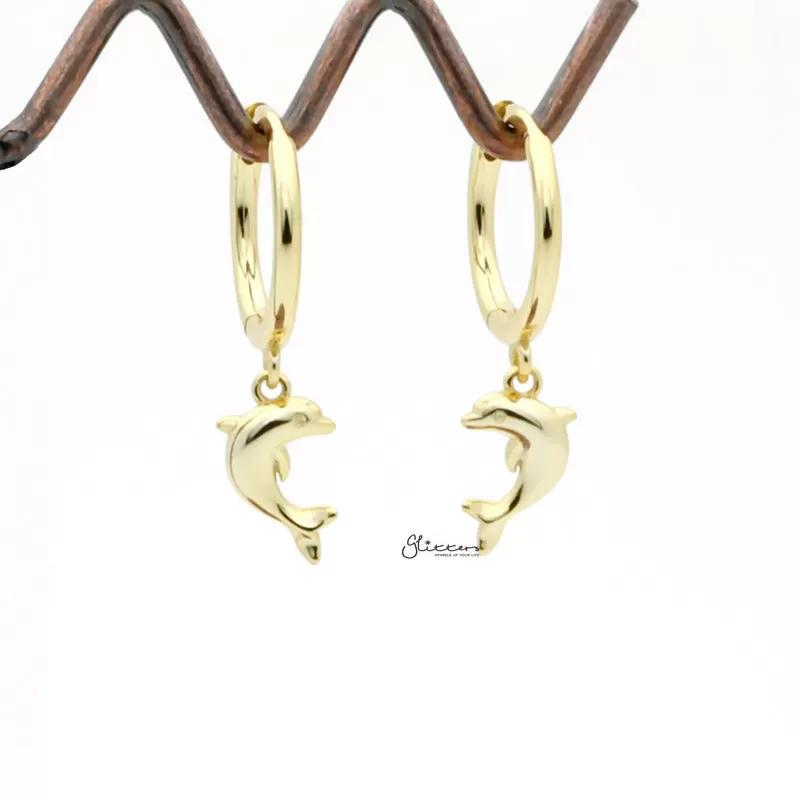 Sterling Silver Huggie Hoop Earrings with Dangle Dolphin - Gold