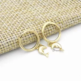 Sterling Silver Huggie Hoop Earrings with Dangle Dolphin - Gold