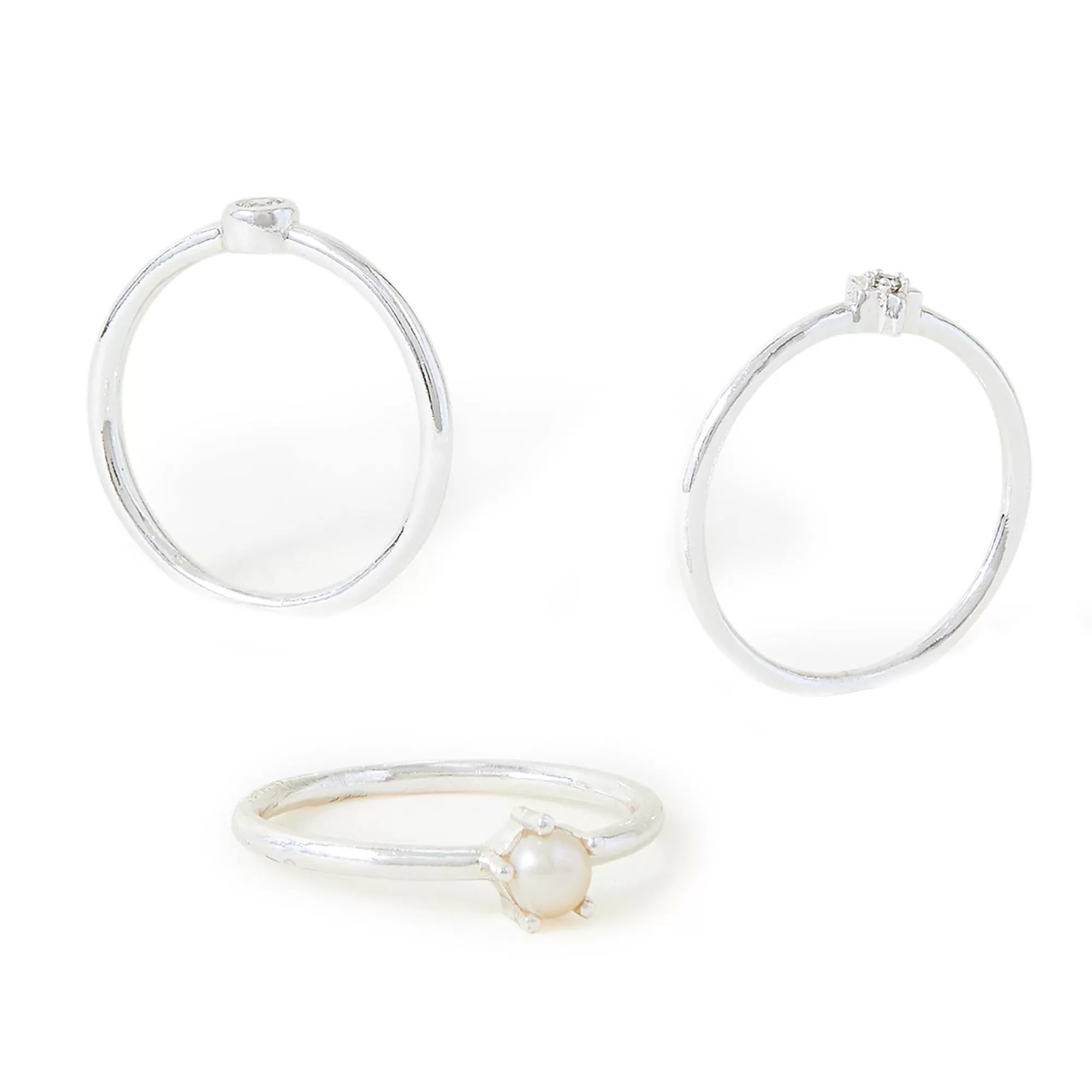 Sterling Silver-Plated Rings Set Of Three Cream-Medium