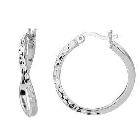 Sterling Silver Rhodium Finish Shiny Diamond Cut Finish Wavy Round Hoop Earrings