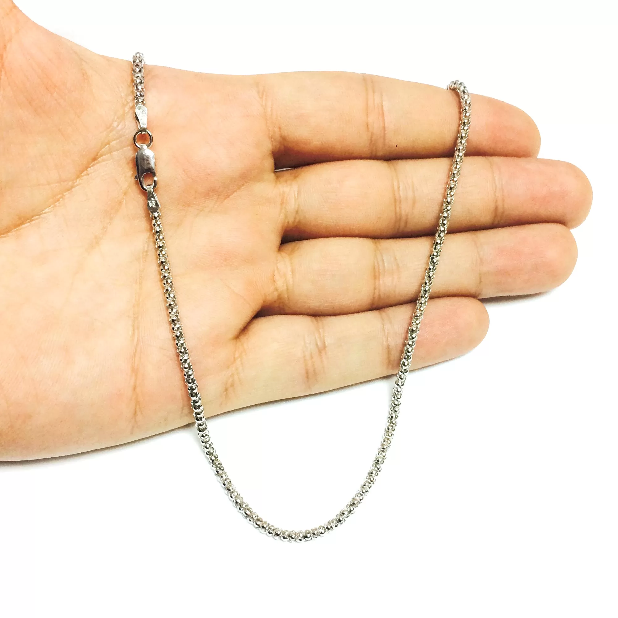 Sterling Silver Rhodium Plated Fancy Popcorn Rope Chain Necklace, 2.5mm