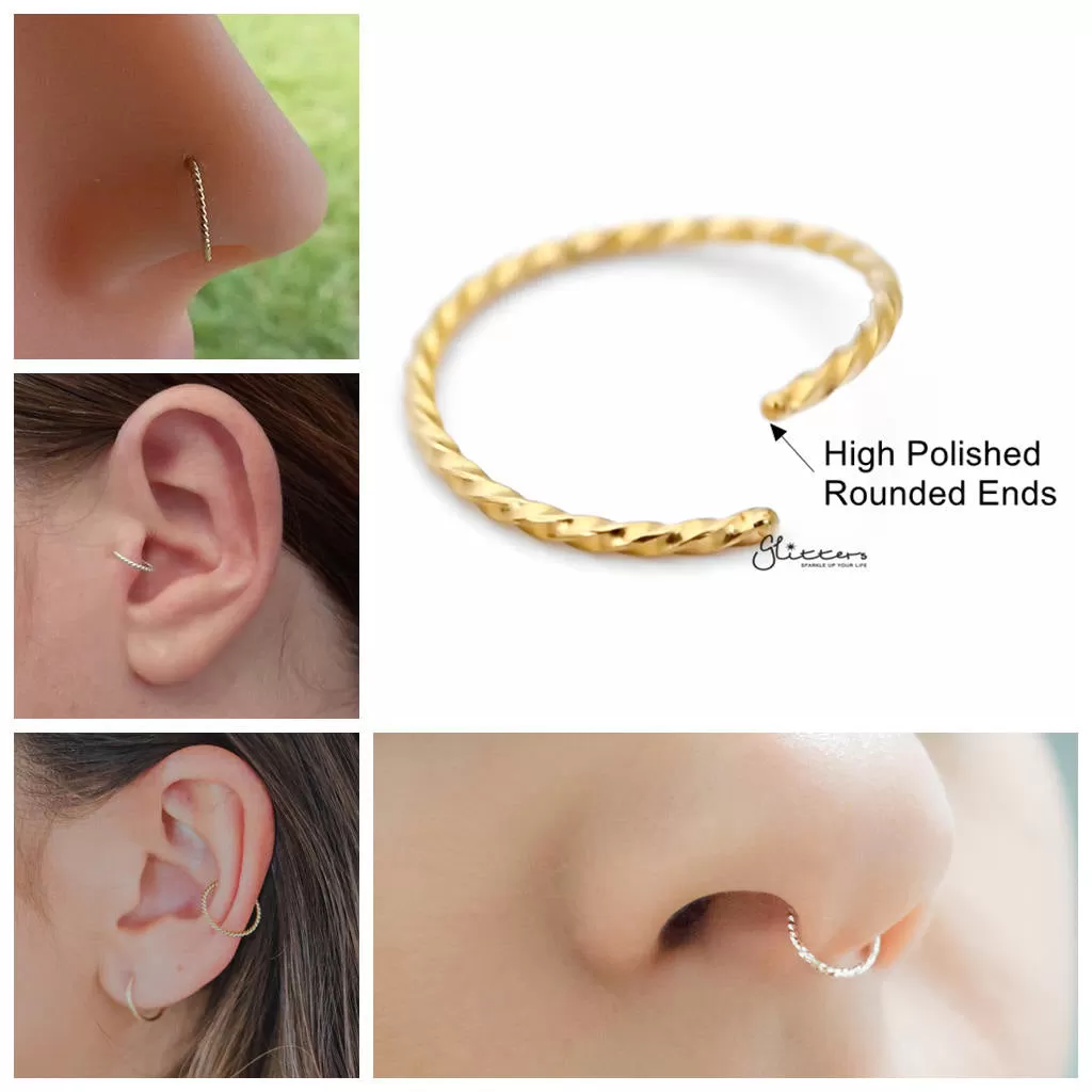 Twisted Surgical Steel Rounded Ends Bendable Nose Hoop Rings - Gold