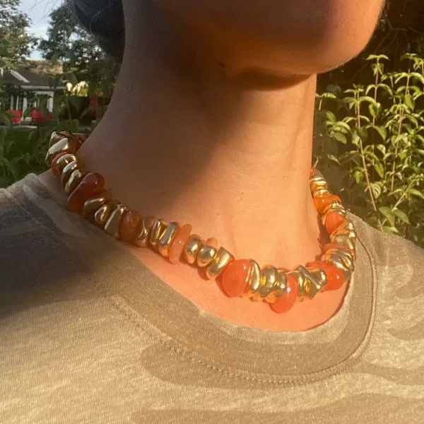 Vintage Freeform Carnelian & Gold Bead Necklace & Bracelet Set