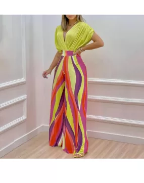 Women's Summer New Fashionable V-Neck Printed Wide Leg Pants Set B-54909